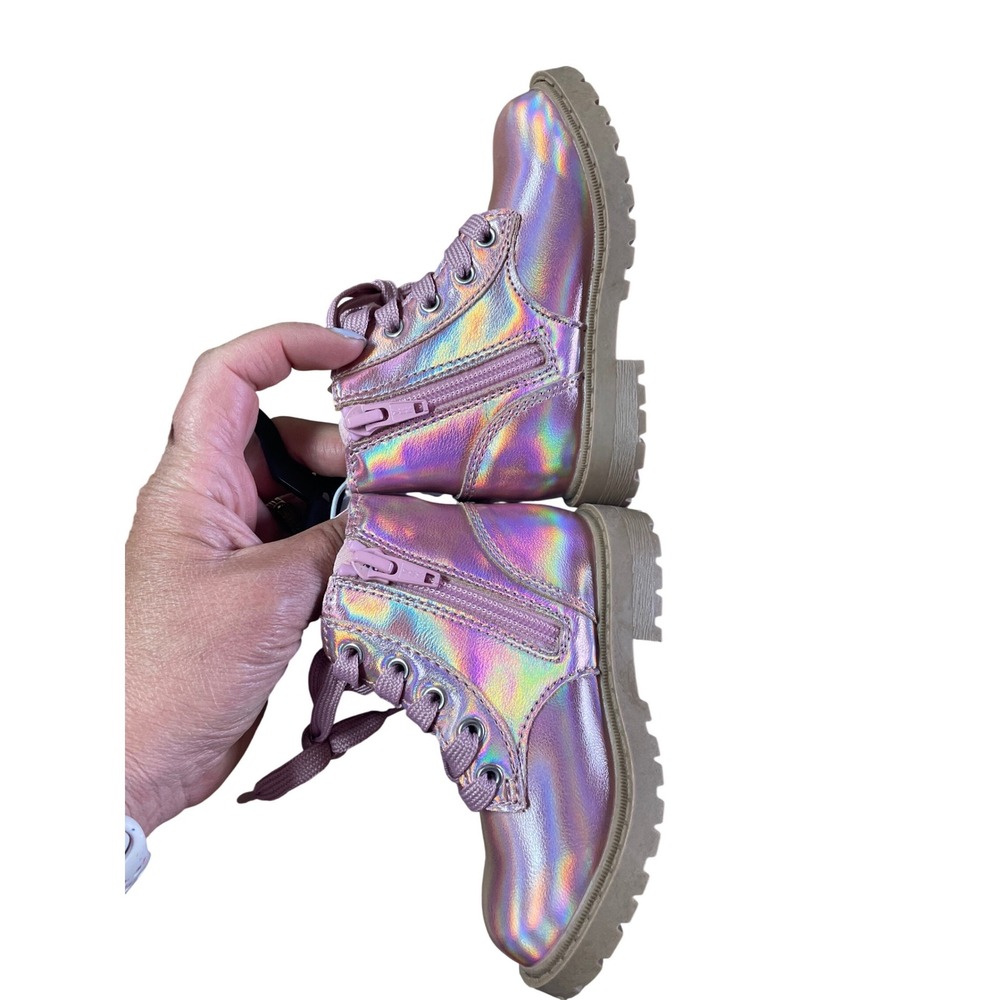 Old Navy Kids Pink Iridescent Holographic Lace Up Side Zip Combat Boots Size 6 - Picture 6 of 12
